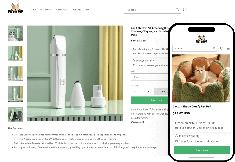 Finished store on desktop and mobile, ready for orders